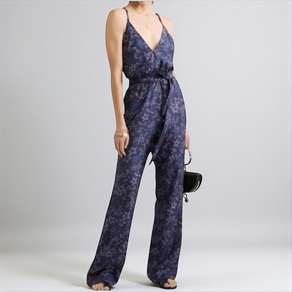 Paloma Blue Silk Wide Leg Jumpsuit Navy Star Print Size 2 NWOT